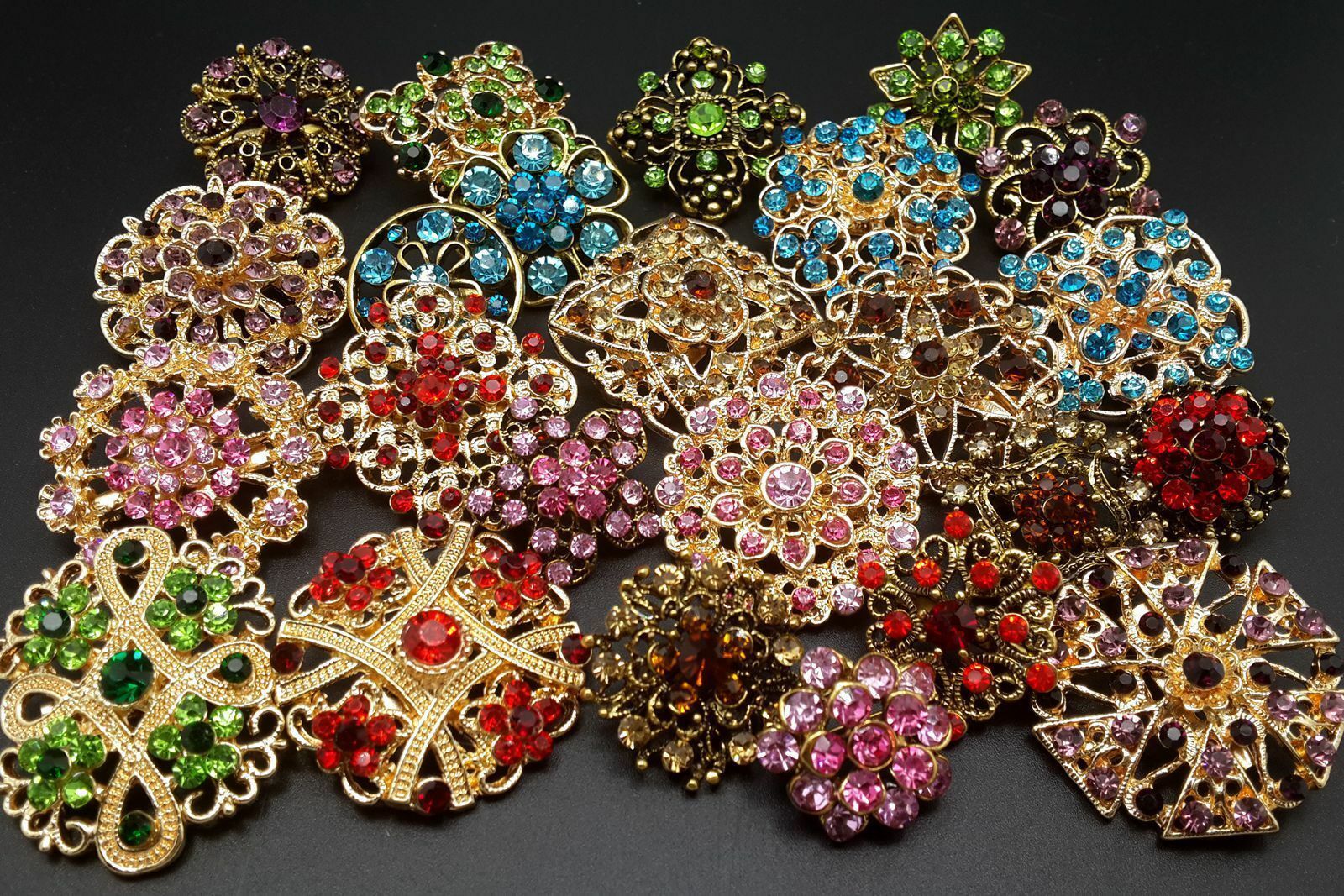 Lot 24 Pc Mixed Vintage Style Golden Rhinestone Crystal Brooch Pin Diy Bouquet