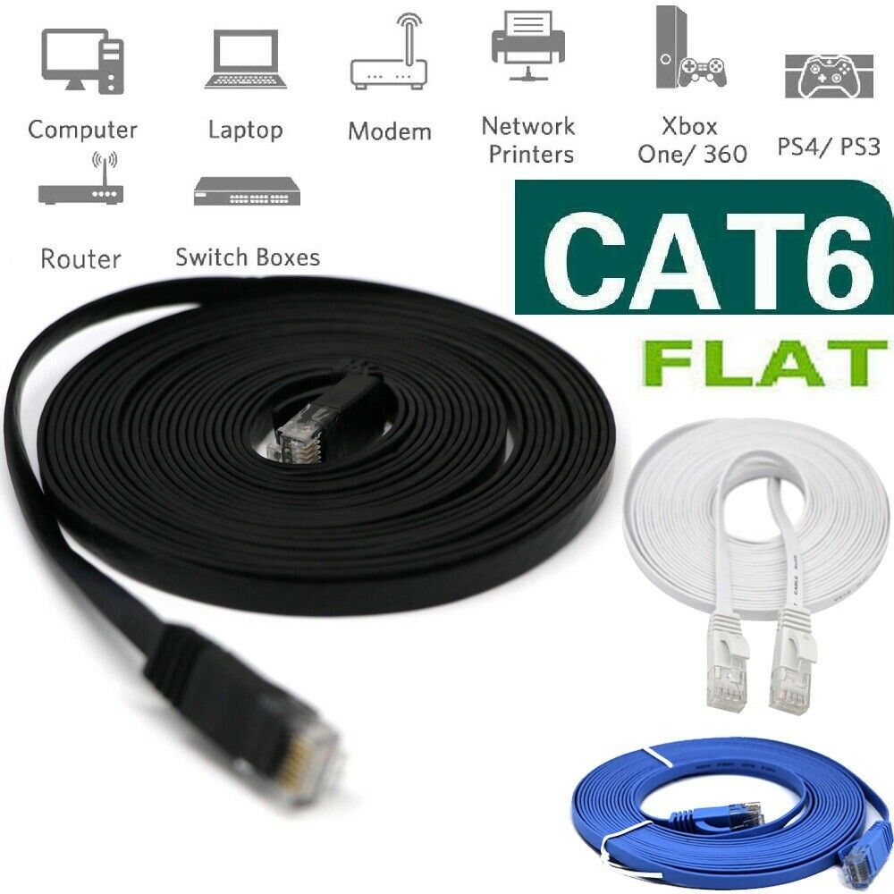 Rj45 Cat6 6ft 10ft 30ft 50ft 100ft 200ft Ethernet Network Cable Cord Flat Lot Us