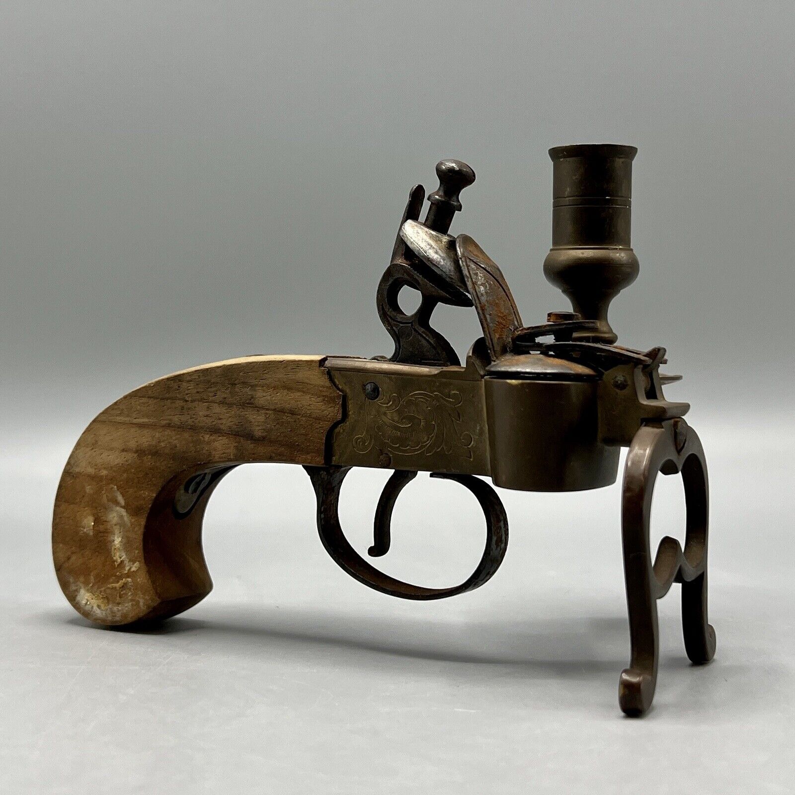 Vintage Italian Flintlock Tinder Pistol Gun Lighter Wood Brass Made In Italy