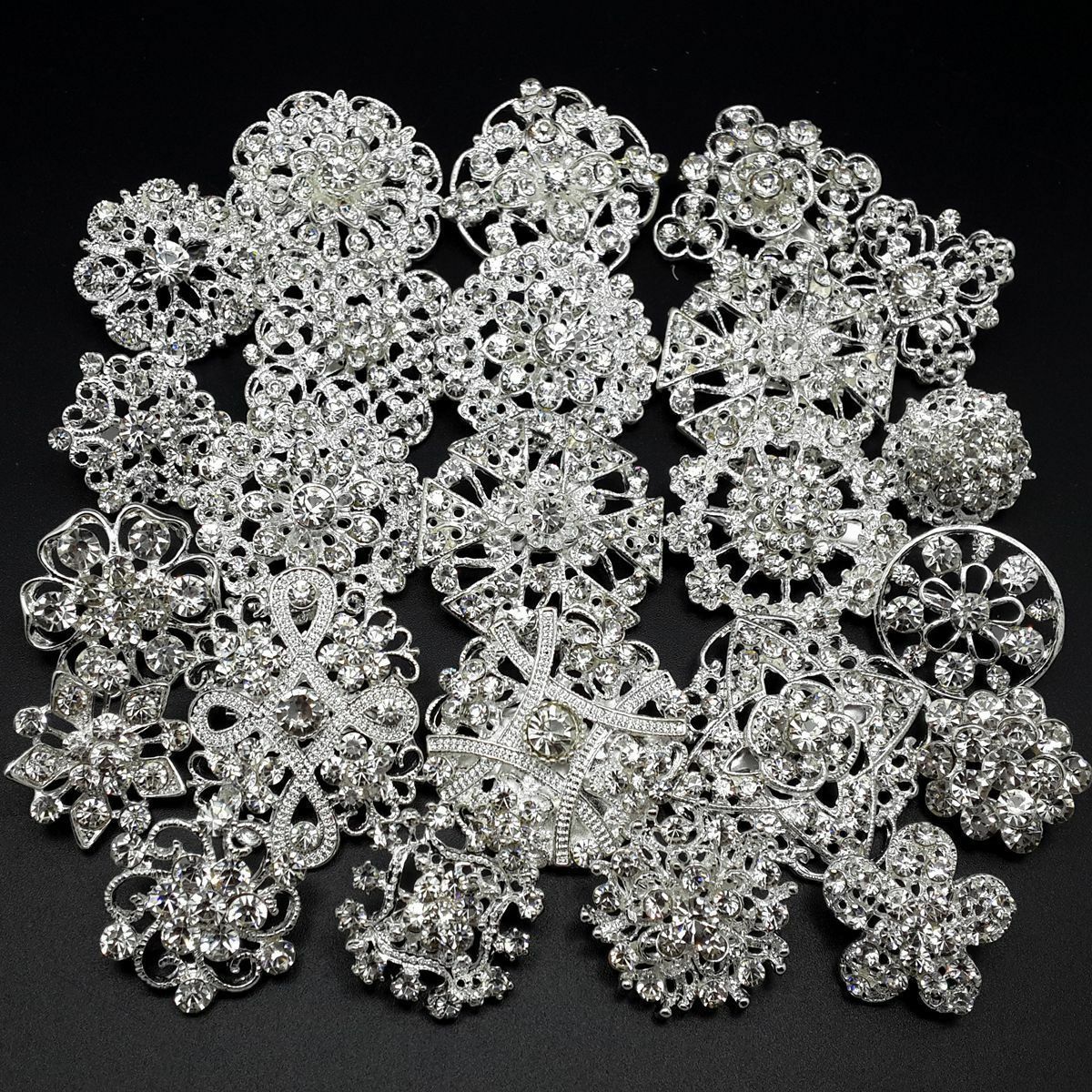 Lot 24 Pc Mixed Alloy Sliver Rhinestone Crystal Brooch Diy Wedding Bouquet