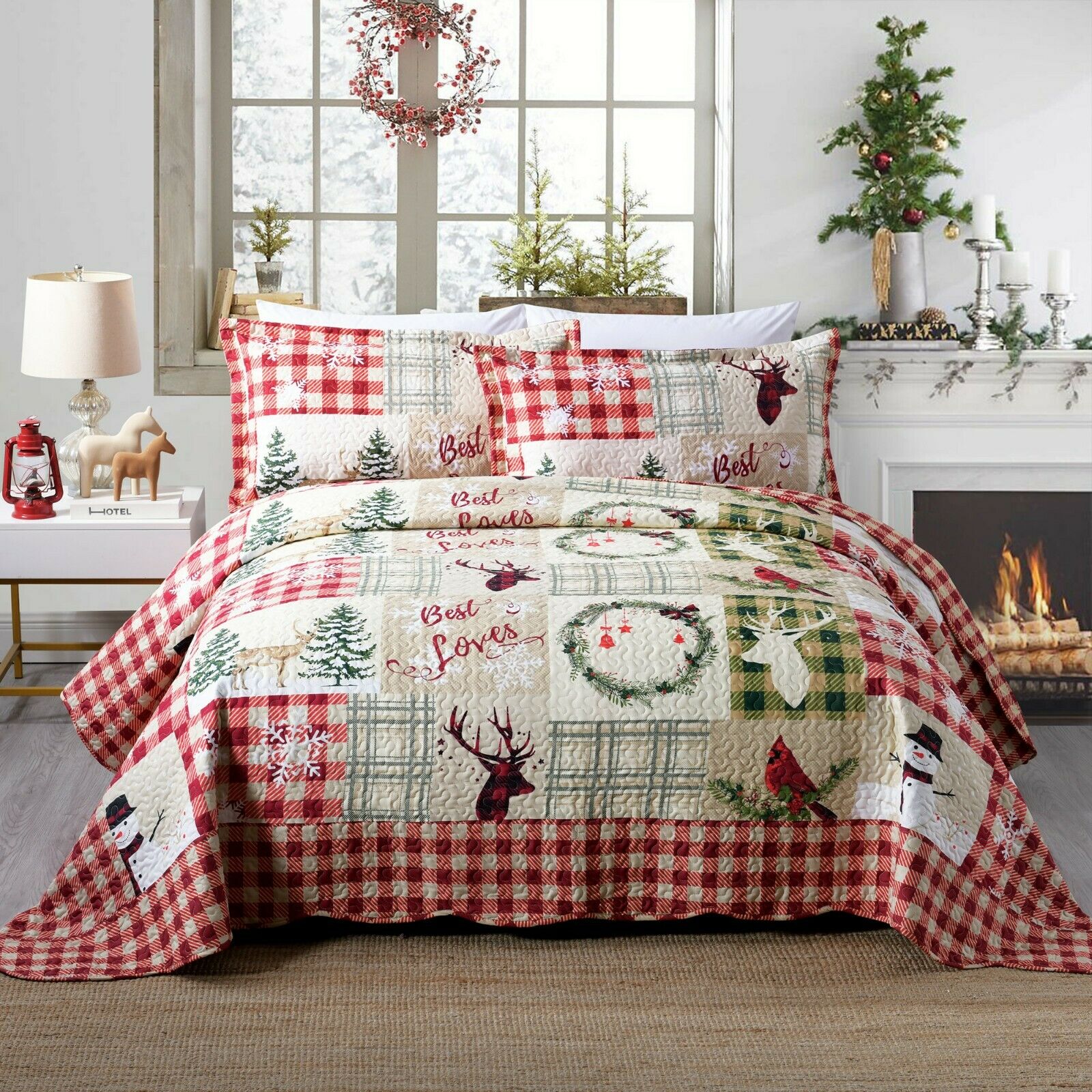 3 Piece Christmas Quilt Rustic Western Lodge Cabin Bedspread  Quilt Set Snow Man