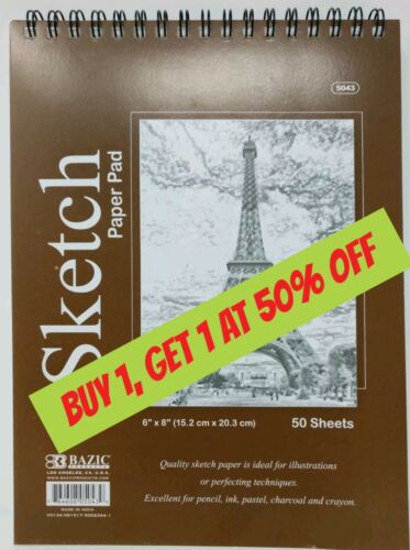 6" X 8" Spiral Sketch Pad Book Bazic 50 Paper Sheets For Pencil Ink Pastel
